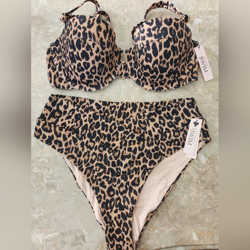 34D/M VS Swim Underwire Balconette Bikini Top High Waist Bikini Set Leopard